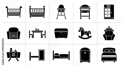 Nursery Furniture Icons: Cribs, Changing Table, Wardrobe, Bed, Rocking Horse
