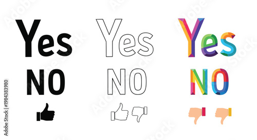 Three variations of yes and no with thumbs up and down icons