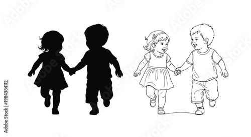 Two pairs of young children holding hands and running playfully