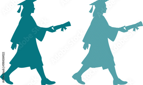Two teal graduates walking with diplomas in graduation gowns and caps silhouettes