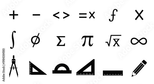 Mathematics Symbols and Tools: Algebra, Calculus, Geometry Icons
