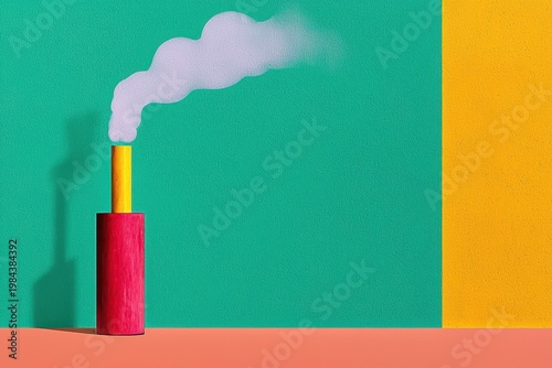 Abstract Minimalist Illustration of Red and Yellow Cylinder with Purple Smoke on Teal and Gold Background