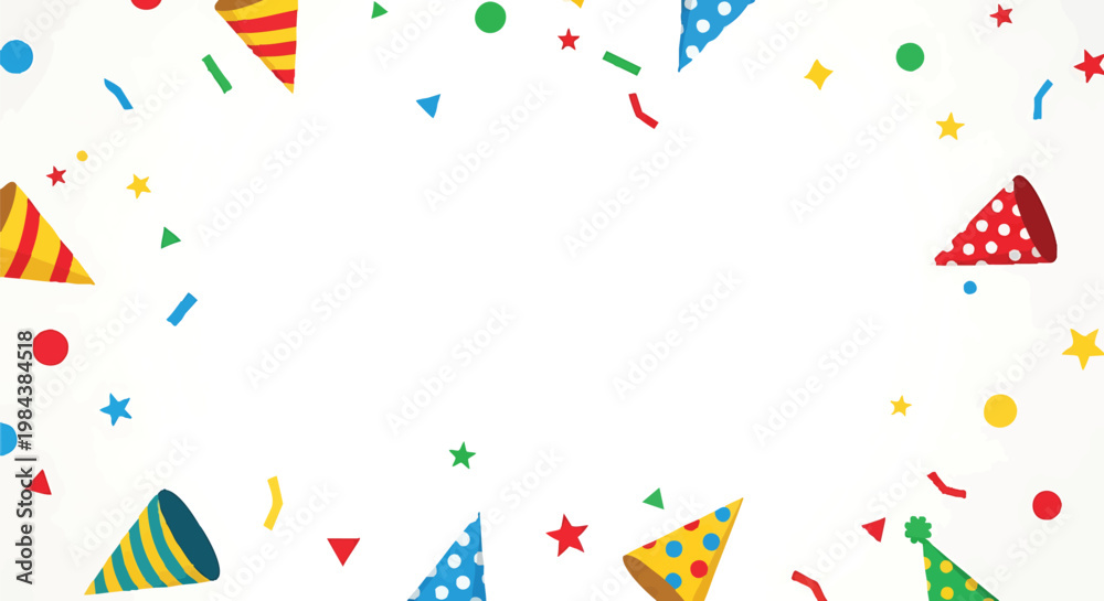 Obraz premium Vibrant Party Hats and Confetti Frame on White Background.