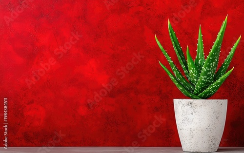 Aloe Vera Plant in White Pot Against Textured Red Background with Copy Space