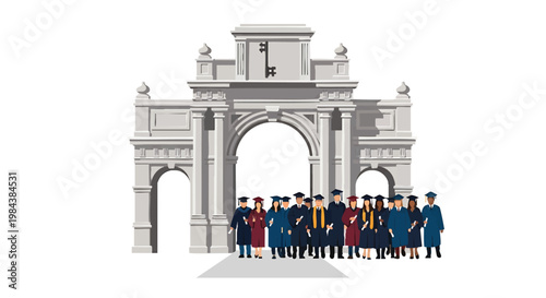 Graduates in academic regalia standing in front of a grand archway, celebrating achievement and education.