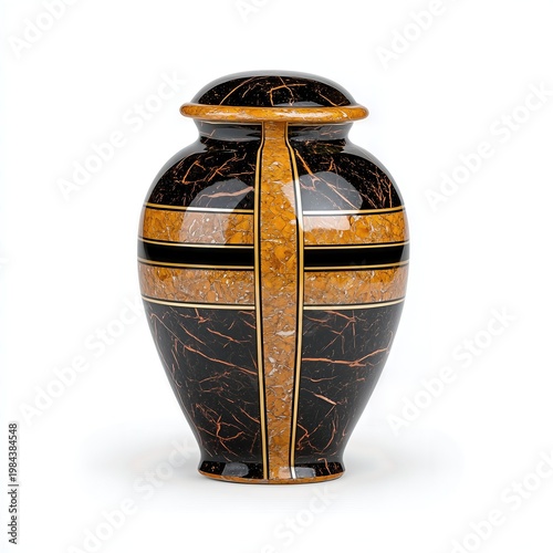 Black and Gold Urn with Cross Design on White Background