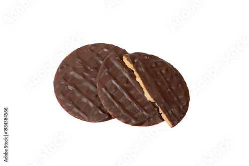 Black chocolate coated digestive biscuit isolated no background cutout