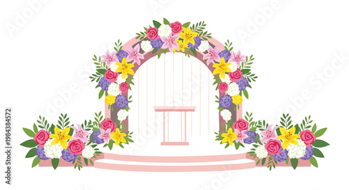 Beautiful Floral Wedding Arch with Colorful Flowers and Greenery.