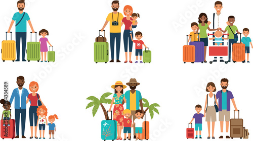 Family Vacation Vector Set with Parents, Children, Luggage, and Travel Accessories for Travel, Family, and Holiday Illustrations