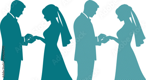 Teal wedding couples exchanging vows in profile silhouettes
