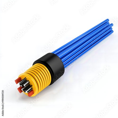 Blue and Yellow Industrial Cable with Connector on White Background