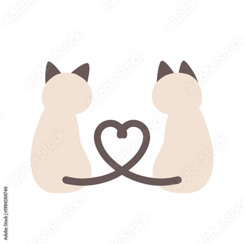 寄り添ってしっぽでハート型を作る2匹のシャム猫のイラストアイコン・シンボル