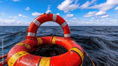 Bright Red Lifebuoy on Boat with Deep Blue Sea and Cloudscape Underneath Sunlight