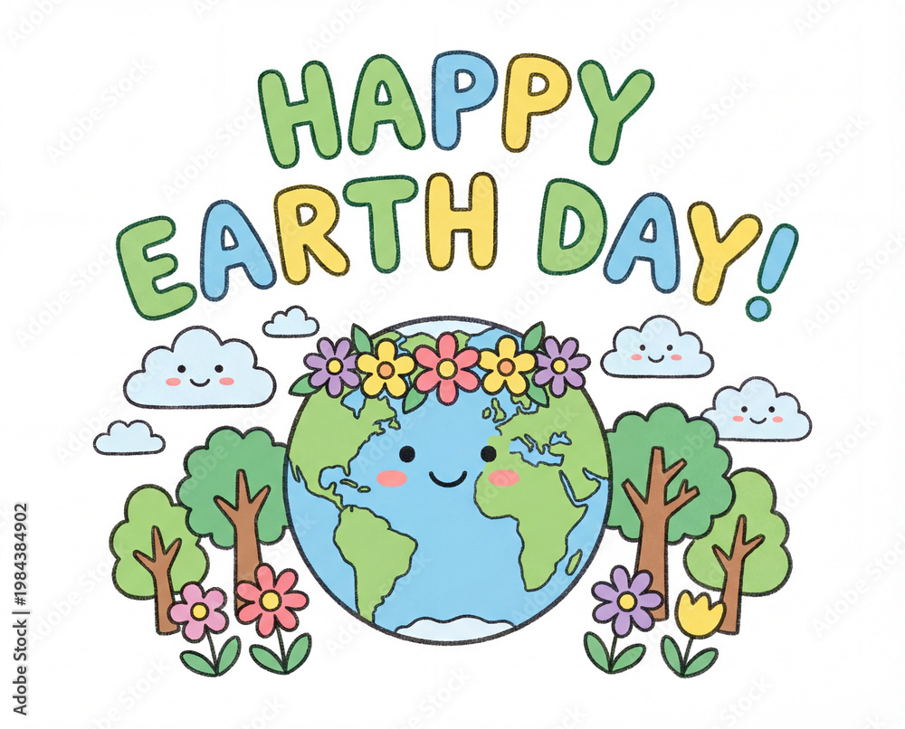 Fototapeta premium Happy Earth Day Cute Cartoon Illustration with Smiling Planet, Flowers and Trees, Kids Eco Friendly Design. 
