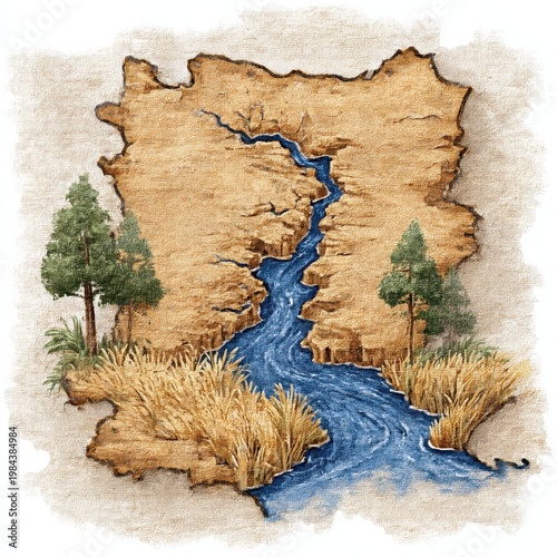 Detailed Landscape Illustration with Flowing River and Natural Vegetation in Neutral Background