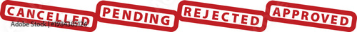 Four red status stamps with white text including canceled pending rejected approved on transparent background for business and workflow concepts