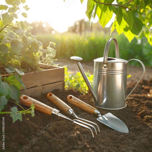 A set of premium gardening tools including a watering can, trowel, and fork resting on the soil during golden hour
