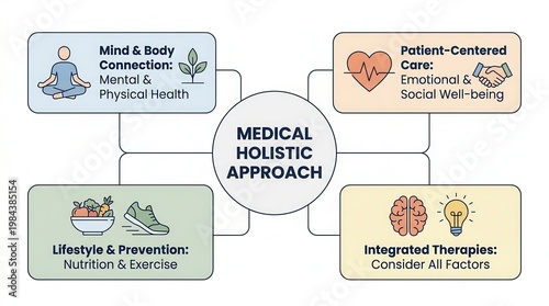 Medical holistic approach infographic diagram illustrating integrative patient centered care.