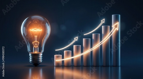 Glowing light bulb next to a rising bar graph and upward moving arrows for business growth.