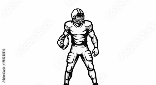 A black and white illustration of an American football player holding a ball