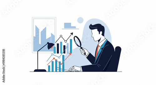A businessman intently studies charts and graphs with a magnifying glass