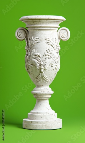 Off White Ornate Stone Urn on Green Background
