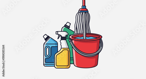 A collection of cleaning supplies including bottles, a spray, a bucket of water, and a mop