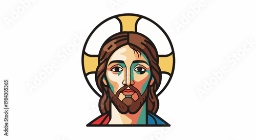 Stylized portrait of Jesus Christ with a halo and cross symbol