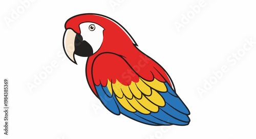 A colorful cartoon parrot with red, yellow, and blue feathers