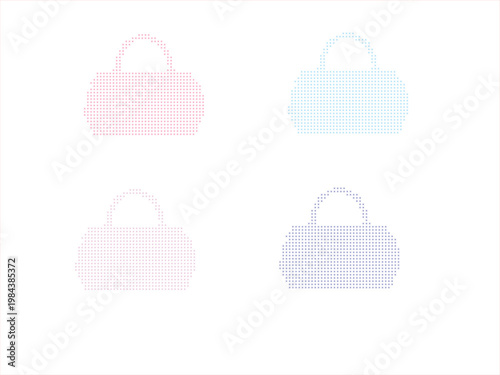 Four pixelated handbags in pink blue and gray tones displayed on white.