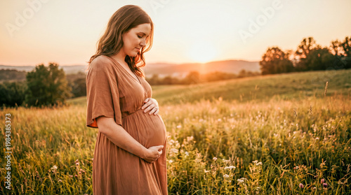 Madre embarazada tocando su vientre en un entorno natural, luz suave al atardecer, estilo emocional realista