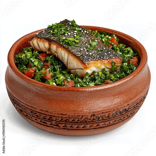 Pan Seared Fish Fillet on Vibrant Green Salad in Rustic Terracotta Bowl