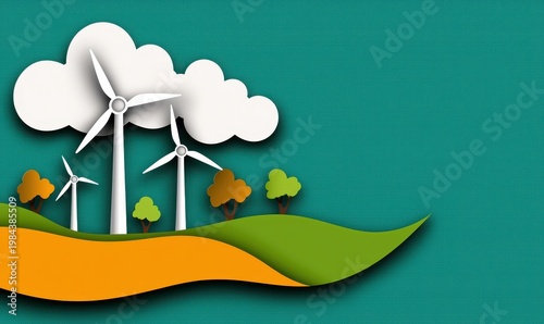 Paper Art Wind Turbines in Green Landscape