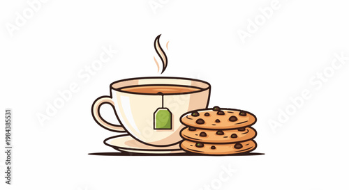 A cup of tea with a stack of chocolate chip cookies