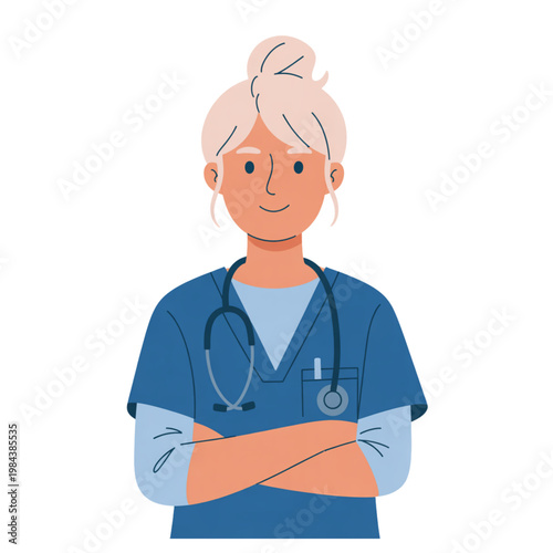 Female nurse vector, professional woman medical worker wearing blue scrubs and stethoscope for healthcare