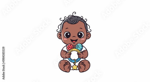A cute cartoon baby with curly hair holds a colorful rattle
