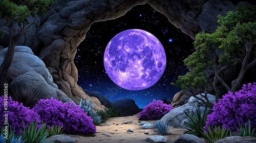 Pixel Art Night Landscape Purple Moonlit Rock Formation