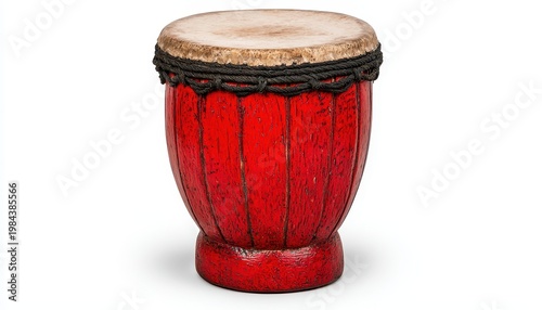 Red Djembe Drum Isolated on White Background Featuring Textured Surface and Studio Lighting