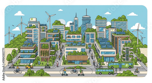 Sustainable cityscape with green buildings wind turbines and eco friendly transportation