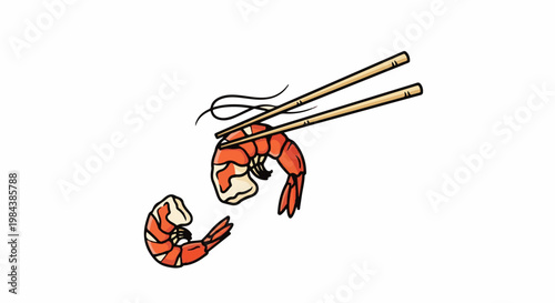Two cartoon shrimp being picked up with wooden chopsticks