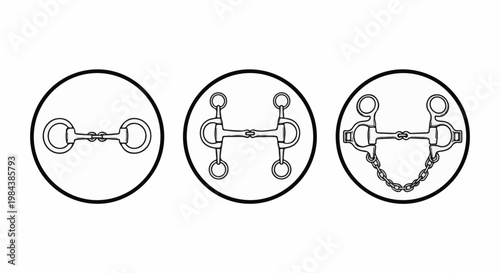 Three horse bits shown in outline within circles, varying complexity