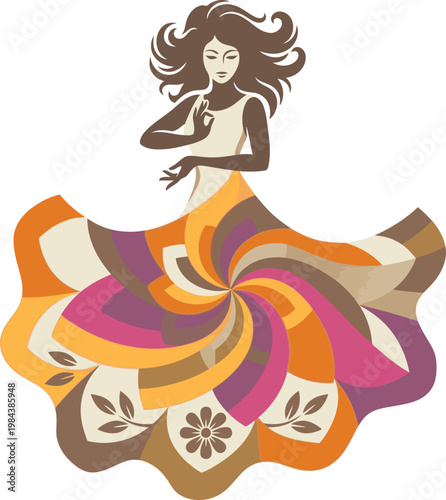 Elegant woman with long flowing hair wearing a vibrant abstract patterned skirt illustration.