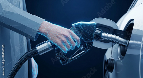 Futuristic concept of a digital wireframe hand refueling a car with a neon glowing gas nozzle, design for smart city logistics, automotive technology blogs, and energy industry presentations.