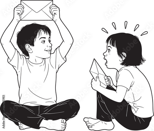 Two children playing with envelopes, one holding it up and the other surprised in outline style