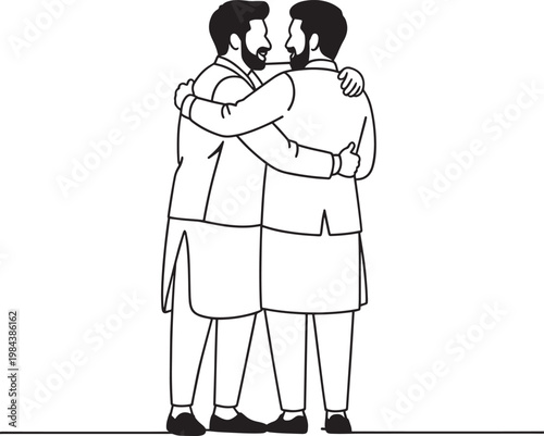 Two men embracing in traditional South Asian attire, line art illustration in outline style