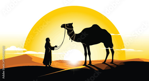 Desert, camel, silhouette, sunset, travel, adventure, vector