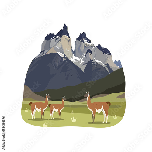 Patagonia Landscape with Guanacos Vector Illustration