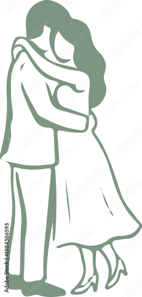 Naklejka premium Simple line art illustration of a loving couple embracing tenderly, with the woman in a dress and heels and the man in a suit, depicting a romantic moment.