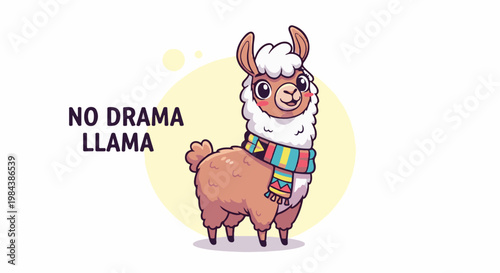 A cute cartoon llama with a colorful scarf and text "NO DRAMA LLAMA