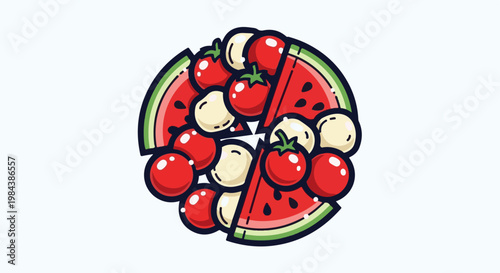 A circular arrangement of watermelon slices, cherry tomatoes, and mozzarella balls